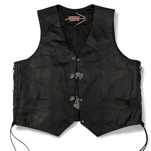 Highway Hawks Mens Leather Biker Vest Lace Up Front Pockets 3XL USMC Chains